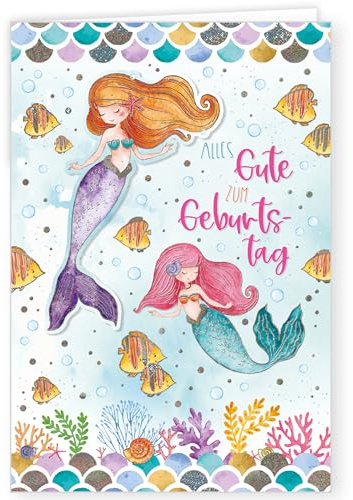 PremiumLine Glückwunschkarte zum Geburtstag | 1 Stück mit Umschlag | Geburtstagskarte Meerjungfrau | 11,5 x 17,5 cm | Klappkarte mit Stanzteil | Kinderkarte