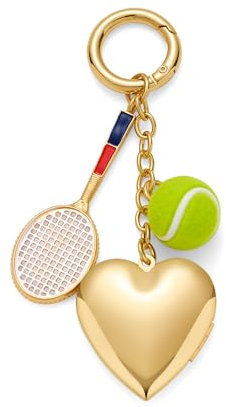 TOVABA Porte-clés en forme de balle de tennis doré avec médaillon en métal en forme de cœur pour sacs de raquette, fans de tennis, amateurs de sport, Porte-clés tennis, Large