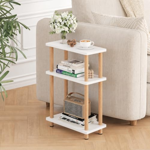 APICIZON Beistelltisch Schmal 3 Tier Beistelltisch Holz, 40x18x61.5CM | Nachttisch Schmal mit Stauraum, Kleiner Beistelltische für Wohnzimmer, Schlafzimmer, Balkon, Natur&Weiss