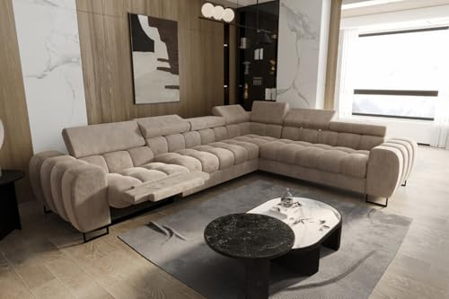 Friderik Ecksofa Aspen Max Relax 330×260 cm mit Schlaffunktion & Relax, Terra Stoff - verstellbare Kopfstützen - Liegefläche 117x190 cm (Beige, Rechts)