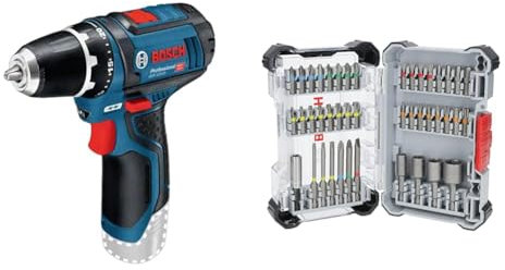 Bosch Professional 12V System GSR 12V-15 Cordless Drill/Driver (excluding Batteries and Charger) + 43x Extra Hard Screwdriver Bit Set (197 x 110.5 mm, Accessories)