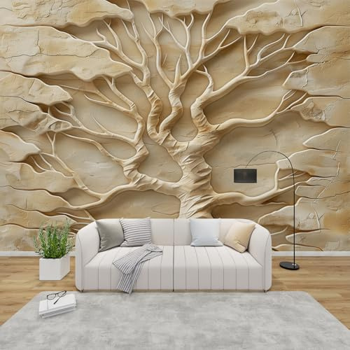 PaxGloz Fototapete 3D Baum Relief Tapete Elfenbein Steinoptik Tapeten Vliestapete Modern Wandtapete Wohnzimmer Schlafzimmer Kinderzimmer Wanddeko Motivtapeten 300 x 210 cm (B x H)