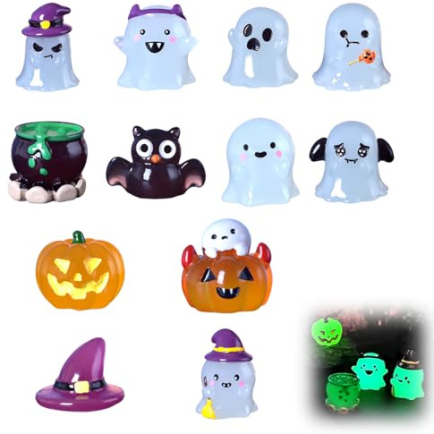 LONZIKP 12 piezas miniaturas luminosas que brillan en la oscuridad, figuras de resina para esconderse, muñecos adorables y decoraciones de Halloween, pequeñas calabazas para acompañamientos de fiesta