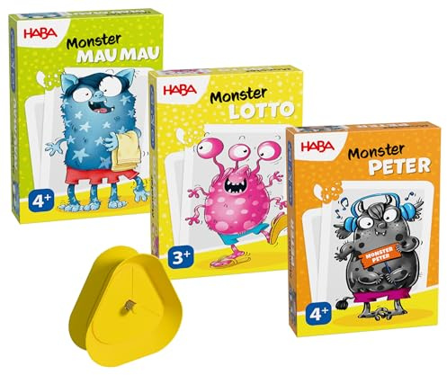 HABA Monster Kartenspaß – 3 Kartenspiele für Kinder ab 3 Jahren mit Kartenhalter (Mau Mau Katze & Co, Bilderlotto, Monster Peter) – 2013790