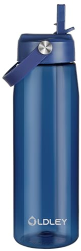 OLDLEY 1000ml/32oz Water Bottle with Straw Tritan 1 Litre Clear Drinks Bottle with Handle BPA Free Leakproof Reusable Large Sports Bottle for Gym, School, Cycling (Navy Blue)
