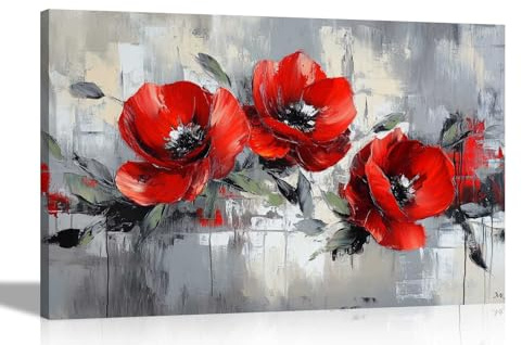 Artley Prints - Rustic Rrey Red Poppy Flowers Canvas Wall Art Flower Pictures Home Conservatory Garden Prints Ready to Hang Extra Large 101 x 76cm (40 x 30 inches)