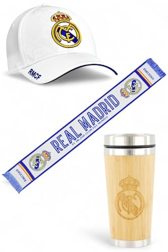 Real Madrid Pack gorra, bufanda y termo oficial; combinación ideal para mostrar tu pasión madridista con estilo y funcionalidad.