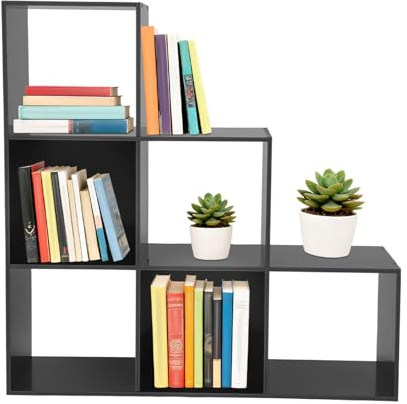 C-Juzarl Bücherregal, Stufenregal, Treppenregal, Würfelregal, mit 6 Fächern, Standregal, Aufbewahrungsregal für Wohnzimmer, Schlafzimmer, Flur, Büro (Schwarz)