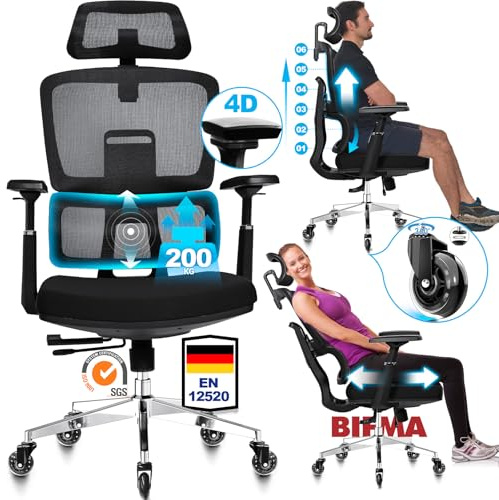MELOKEA Bürostuhl Ergonomisch 200kg mit Verstellbarer Rückenlehne | Ergonomischer Schreibtischstuhl für große Menschen und langes Arbeiten mit Lendenstütze, 4D-Armlehnen, Sitztiefe Verstellbar