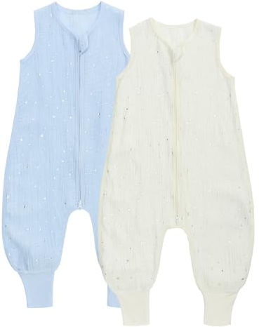 amo nenes 2er Pack Baby Schlafsack Sommer mit Füßen 0.5 Tog Sommerschlafsack 100% Baumwolle Musselin Atmungsaktiv für Jungen und Mädchen, Star, 3-12 M