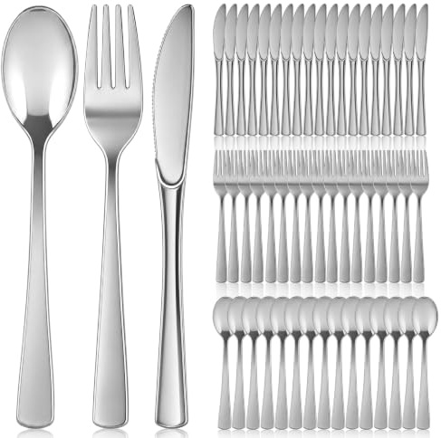 Plastik Besteck Set, 45 Stück Wiederverwendbaren Besteck Set, 15xPlastikgabel 15xPlastikmesser 15xPlastiklöffel Mehrweg Plastikbesteck Sets für Haus Dekoration Hochzeit Weihnachten Geburtstag (Silber)