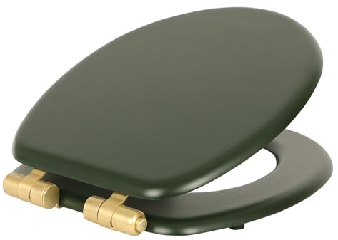 Abattant de toilette à fermeture amortie - Vert/Or - 1 abattant de toilette ovale en bois antibactérien avec charnières, fixations et accessoires chromés universels - par Harbour Housewares