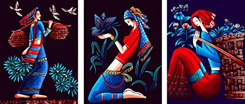 YEESAM ART New Paint by Numbers for Adults Set Pack of 3 Multi Pack Pieces Panels Canvas - Beautiful Woman Flower Bird 3 x 16*20 inches Linen Canvas - DIY Digital Painting by Numbers Kits (With Frame)