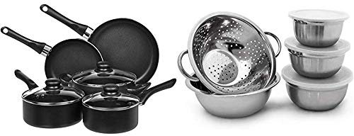 Amazon Basics Batterie de cuisine anti-adhésive 8 pièces & Relaxdays 10019118 Lot de 5 pièces empilables 3 bols en acier inoxydable avec couvercle 1 saladier 1 Passoire Inox, argenté -30 x 24 x 10 cm