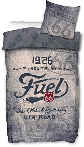 ROUTE 66 Bettwäsche Fuel Grau 135 cm x 200 cm + 80 cm x 80 cm 100% Baumwolle in Renforcé-Linon-Qualität Roadtrip Amerika USA Freedom Biker Vintage Highway Street Motorrad Reißverschluss Motiv 015