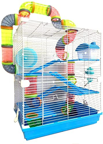 Large 5-Floors Blue Hamster Mansion Habitat Home House Cage Paw Safe Solid Platform with Hide House Running Excerise Wheel Food Bowl Water Bottle Deep Base