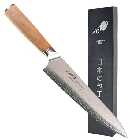 Totiko Chef Knife Professionale in Acciaio Damasco, Coltello da Cucina Professionale Giapponese da Carne, Pesce e Verdura, Lama da 21cm, Yukimura, Manico in Ulivo, Coprilama Incluso Japan Knives