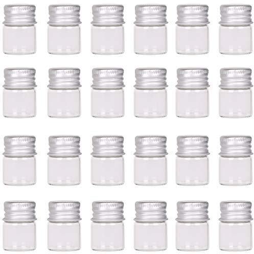 MaxMau Juego de 24 botellas de cristal de 5 ml con tapas de rosca de metal, tapas superiores de aluminio de 5 mililitros pequeños frascos pequeños tarros de almacenamiento para manualidades,