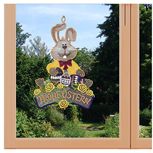 Frühlings-Fensterbild Frohe Ostern mit Hase und Ostereiern aus Plauener Spitze