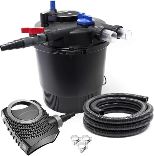 SunSun Komplettset: CPF-20000 Teichdruckfilter bis 10000 L mit 11 Watt UV-C Teichklärer, NEO10000 SuperECO Teichpumpe 10000l/h 80W, 10m Teichschlauch 38 mm (1 1/2), Schlauchschellen W1 44-47mm