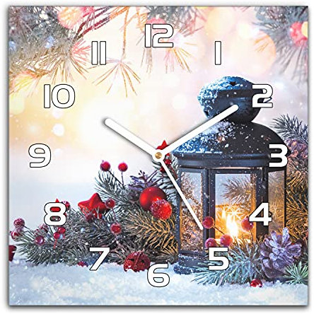 Coloray Weihnachten Wanduhr Glas Uhr Gehärtetem Glas Echtglas Küche Wohnzimmer 30x30 cm Quadrat Wandkunst Bild - Weiße Uhrzeiger - Weihnachts Laterne Kugeln Schnee