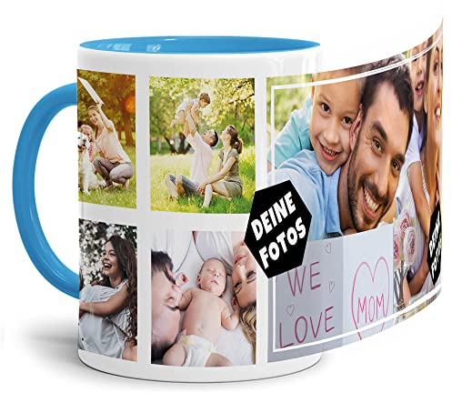 Foto-Tasse zum selbst gestalten mit Foto-Collage für 5 Wunschfotos - Geschenk für Familie, Freunde, Geburtstag, Weihnachten - Keramik Innen & Henkel Hellblau, 300 ml I Personalisiert