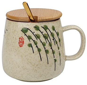 Tasse à café japonaise rétro en céramique, tasse émaillée unique vintage exquise avec cuillère et couvercle, tasse à thé en argile à changement au four, cadeau créatif pour les amisamoureux (branche