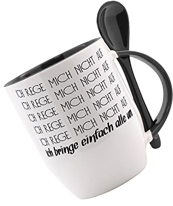 Tasse mit Löffel Ich rege mich nicht auf - ich bringe einfach alle um Löffeltasse, Kaffeetasse mit Motiv, Bürotasse, bedruckte Tasse mit Sprüchen oder Bildern