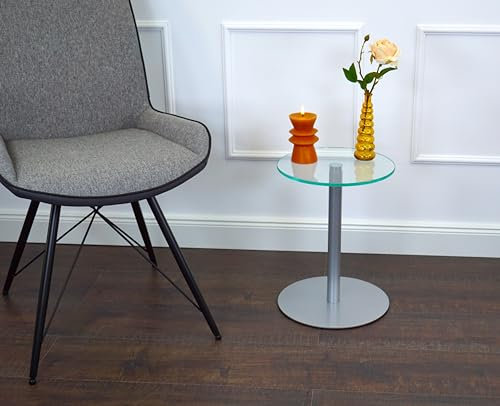 freeroom24 Designer Beistelltisch Glas Silber 30x30x40 cm - Wohnzimmertisch modern - stabiler Couchtisch - praktischer Coffee Table rund - kleiner Kaffeetisch - Glastisch - Sofatisch - Made in Germany