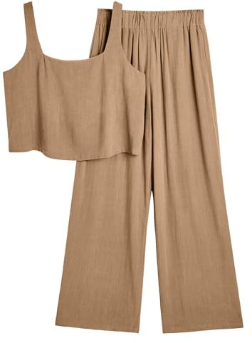 AUTOMET 2-teiliges Outfit für Damen, Lounge-Set, Leinen, bauchfreies Top, weite Beinhose, Trainingsanzüge mit Taschen, modische Kleidung, coffee, 42