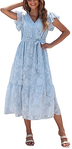 VOGMATE Femmes D'été Robe Midi Manches Courtes Wrap Col en V Robe Élégant A-Line Robe de Plage Bleu S