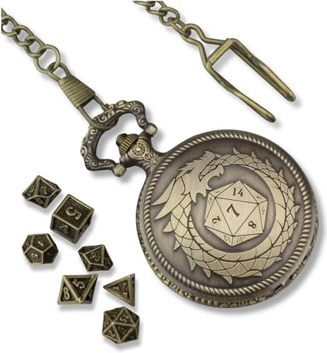 Galdor's Guild Reise DND Taschenuhr & Mini Metallwürfel Set 6mm | Praktisches kleines Etui & Uhr für RPG-, Tabletop- und Brettspiele wie Dungeons & Dragons & Warhammer für jeden Spielleiter/DM