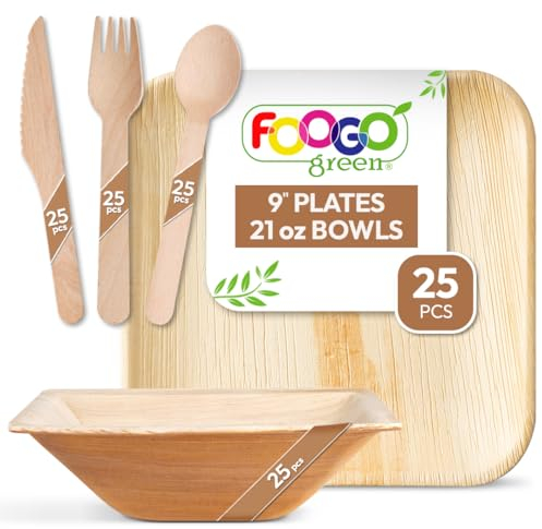 FOOGO Green 125pcs Disposable Palm Leaf Plates, Bowls and Wooden Cutlery Set, FSC® Certified, 25x Large Square Plates, 25x Bowls, 25x Forks, 25x Knives, 25x Spoons, Eco Party