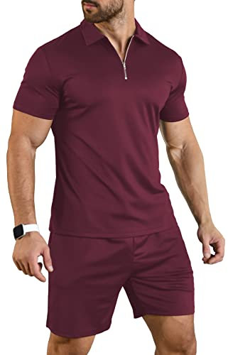 KUYIGO Mens Short Sleeve Casual Polo Shirt and Shorts Sets Two Piece Summer Outfits Zip Polo Tracksuit Set for Men S Wine Red