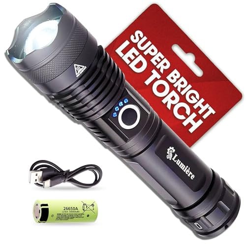 Hand Held Torches LED Super Bright Rechargeable - Lumiere LED High Powered Torch Together with Lithium 5000 Mah Battery - Ultra Bright - Tactical Torch - Powerful Flashlight.