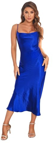 Atnlewhi Damen Satin Sexy Spaghettiträger Slip Kleid Nachtkleid Wasserfallkragen Midi Kleider Sommer für Frauen Partykleider