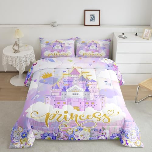 Homemissing Princess Glitter Set di biancheria da letto singolo castello viola reversibile piumino set per ragazze Decor viola floreale piumino piumino microfibra fata inserto/trapunta set camera da