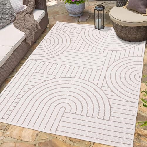 carpet city Outdoor Teppich Wetterfest 160x230 cm - Creme-Beige - Wendeteppich, Beidseitiges Streifen Muster - Balkonteppich Wasserfest Outdoor - Terrassenteppich