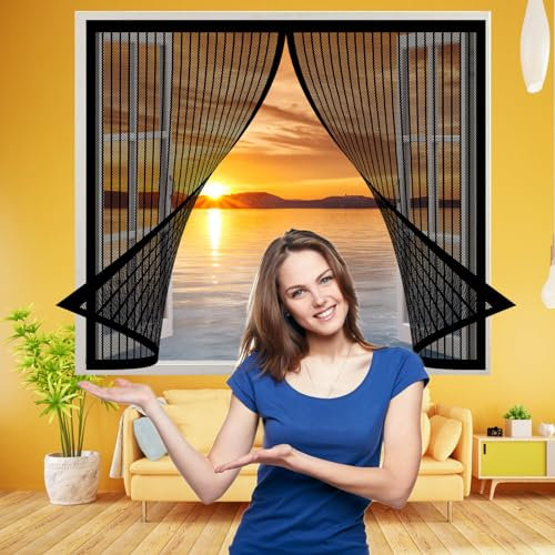Fliegennetz Fenster Magnet 86 x 198 cm, Insektenschutz Fliegenvorhang Moskitonetz Fenster, Klebmontage Ohne Bohren für Windows/Wohnzimmer Fenstern, Schwarz