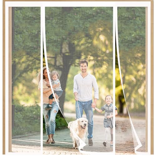 FYHDSH Magnetic Fly Screens for Doors, Anti Mosquito Mesh Curtain, Double Door Screen Curtain for Sliding Door with Powerful Magnets and Full Frame Magic Tape, Keep Fly Bug Out, White-B-230x210cm