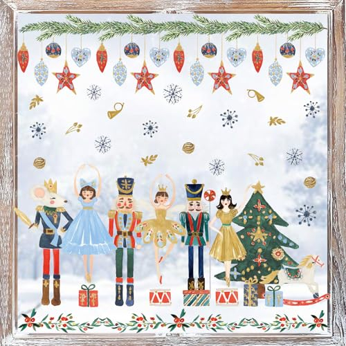 JarThenaAMCS 72Pcs Nutcracker Window Cling Stickers Christmas Watercolor Nutcracker Double-Sided Reusable Window Decals for Xmas Winter Party Home Office Classroom Decor, 4 Sheets