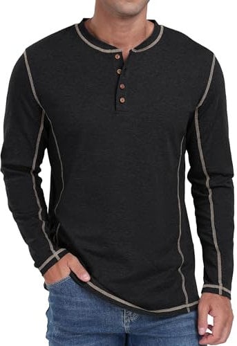 Sailwind Men's Black Henley T-Shirt Cotton Long Sleeve Classic Casual Shirt Tops for Men (M)
