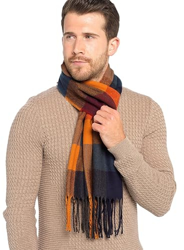 A2Z Men's Checked Scarf Tartan Pattern Soft Winter Wrap with Fringe Warm Stylish Blanket Scarf for Cold Wather Casual Formal Wear Large Size 185cm x 36cm Plus 11cm x 2 Sides Tassels