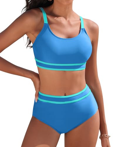 Yuson Girl Damen Bikini Set High Waist Zweiteiliger Badeanzug Push Up Bademode Bauchkontrolle Colour-Blocking Sport Bikini Damen Sexy Bikini-Sets für Damen Bauchkontrolle Swimsuit(Blau, M)
