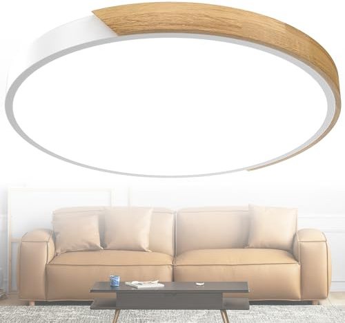 YRHome Moderne Runde Holz Deckenlampe LED, 96W Kaltweiß, Für Wohnzimmer Flur Küche Balkon, Weißer Rahmen
