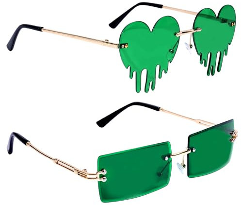 Gosknor 2 Paar Sonnenbrillen zum St. Patrick's Day, Grüne Rechteckige Brille und Brille mit Schmelzendem Herz Irische Sonnenbrille Kobold-Brille Kostümzubehör für Partydekorationen