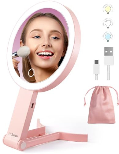 LitBear Travel Makeup Mirror With Lights, Rechargeable Double Sided 10X/1X Magnifying, Portable Lighted Beauty, 3 Color Lighting, Dimmable Touch Screen, Tabletop Handhold Hanging (Pink)