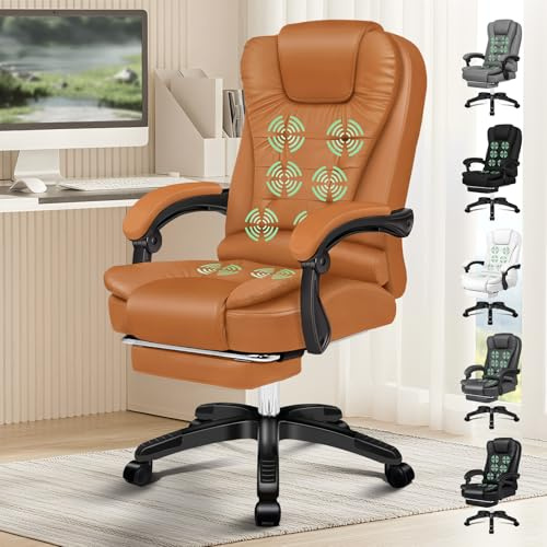 ELFORDSON Executive Office Chair with 8-Point Massage & Seat Heated, Home PC Gaming Chairs with Footrest, High Back 150° Reclining Executive Desk Chair with Padded Armrest, PU Leather, Brown