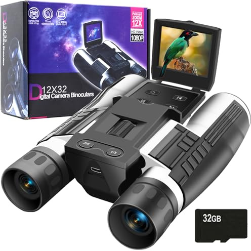 Binocolo digitale per adulti, 12 x 32, con fotocamera, 5 MP, video Full HD, schermo LCD da 2 pollici con scheda micro SD da 32 GB, per bird watching, caccia, calcio, concerti teatro, colore argento