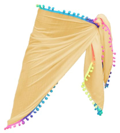 Blausky Damen Fransen Pareo,68x163cm Chiffon Strandrock Strand Wrap Sarong mit Bunt Pom-Pom-Quasten Sexy Bikini Cover up Wickelrock Kurz Sommer Strandkleid Strandtuch,Einheitsgröße Gelb